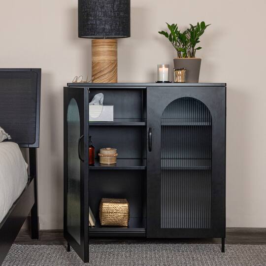 Hello Honey® Solstice 3ft. Black Metal Cabinet with Arched Glass Doors